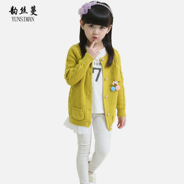 Fashion Kids Sweater for Girls 3 4 6 8 10 12 to 14 Y Long Sleeve Single Breasted Yellow Lavender Cardigan Children Tops 12M5A