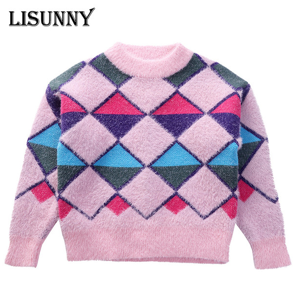 2019 Autumn Winter European American style Girls Sweater Baby Pullover mink velvet knit Kids Clothes Plaid Children Clothing