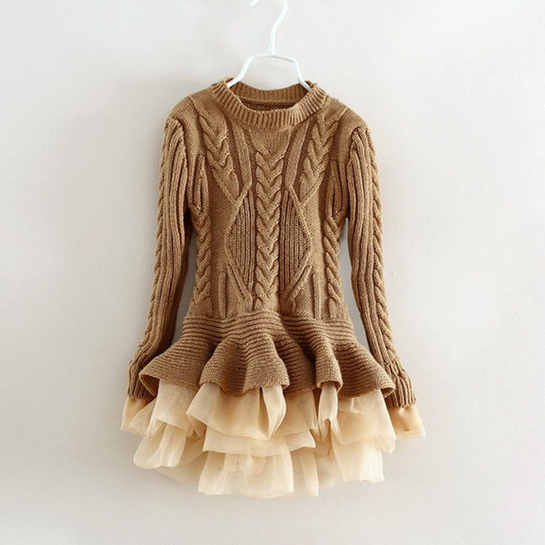 New 2018 Autumn and Winter Kids Sweater Dress Children Knit Dress Girls Organza Patchwork European and American,#3519