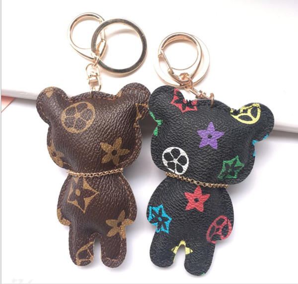 Fashion Key Chain Accessories Flower Printed Key Ring Leather Cute Bear Pattern Car Keychain Jewelry Bag Kids Cartoon Accessories M1198