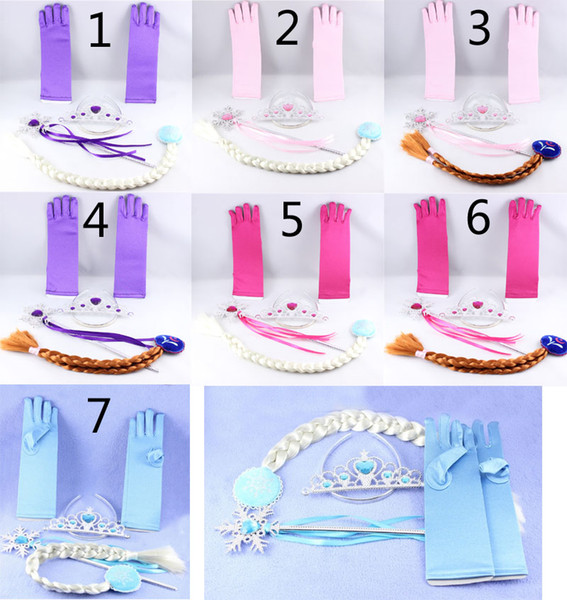 7 color Girls Fever snowflake Crown +Magic Wand+wig+ gloves 4 pcs suit new children princess suit B001