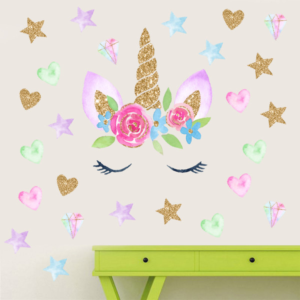 New 28*28cm unicorn wall sticker children baby Animal Cartoon PVC unicorn horns home decor wall stickers Decal Kids Bedroom Decorations