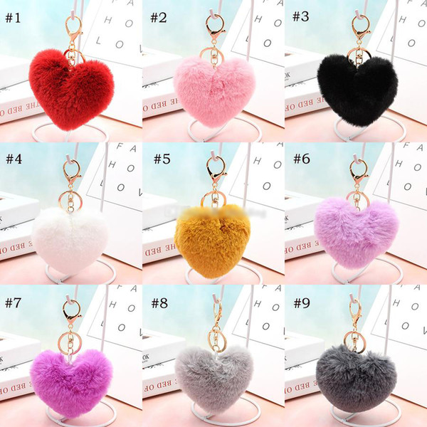 14 Styles Heart Ball Pom Pom Keychain Fluffy Faux Rabbit Fur Pompom Key Chains Women Bag pendant Jewelry Key Chains Kids Accessories