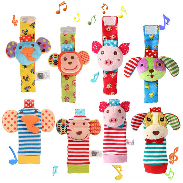 Baby Wrist Rattles 8 Pcs Soft Animal Wrist Rattles and Foot Finders SockSet - Elephant Monkey Piggy and Puppy