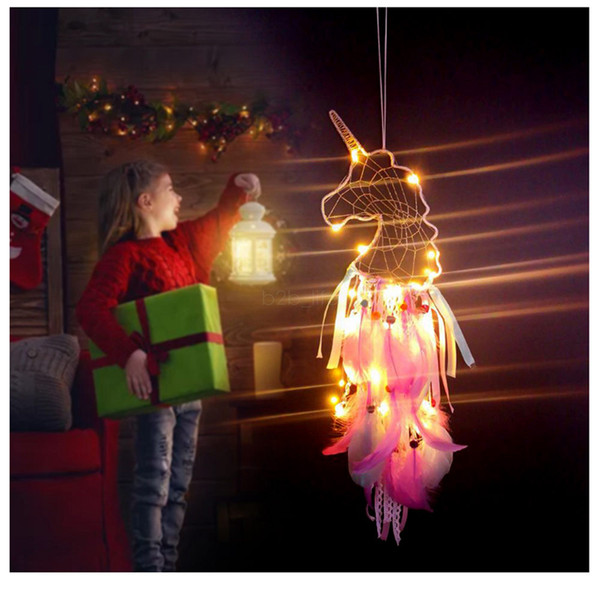 LED Wind Chimes Unicorn Dreamcatcher Handmade Feather Pendant Dream Catcher Creative Hanging Craft Wish Gift Home Cartoon Decor hot LJJA2350