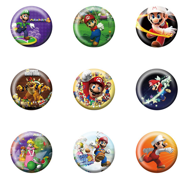 Hot Sell Super Mario Cartoon Badeges Plastic Round 3.0CM Brooches Lovely Button Pins Clothes Bags Accessories Kids Favor Party Gifts
