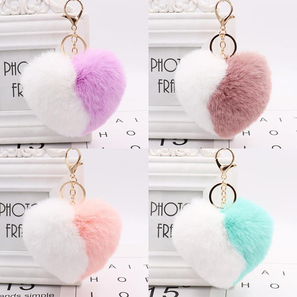 Double Color Heart Ball Pom Pom Keychain Fluffy Faux Rabbit Fur Pompom Key Chains Girl Bag pendant Jewelry Key Chains Kids Accessories