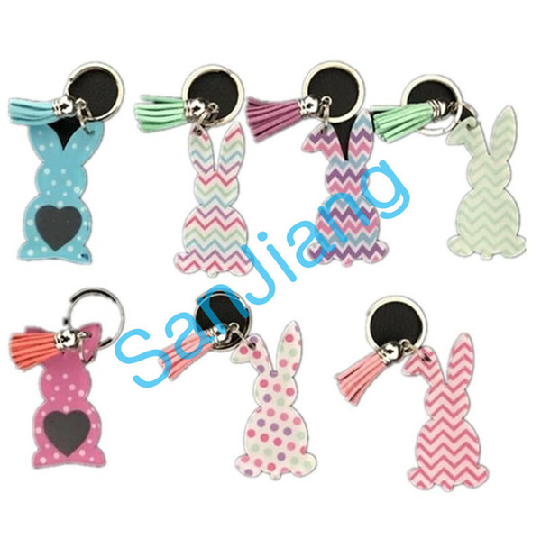 Key Rings Cute Acrylic Easter Tassel Fashion Cute Easter Bunny Pendant Trend Printing Rabbit Polka Dot Corrugated Printing Keychain E3902