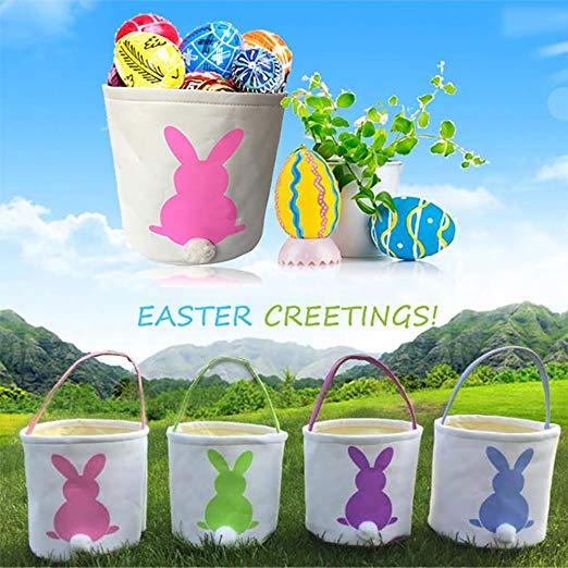 White Bunny Easter Baskets Blanks Canvas Easter Buckets with Moveable White Tail Easter Day Kids Gift Tote MMA3029-A1