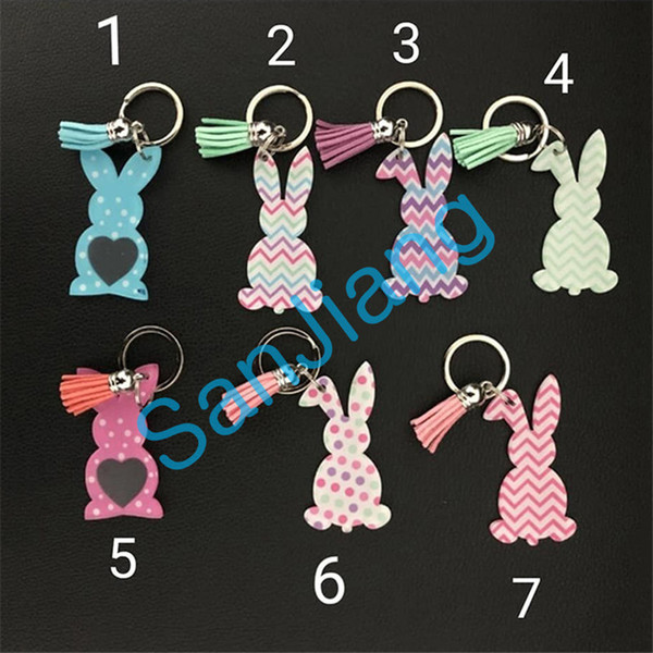 Cute Rabbit Tassel Keychains Acrylic Easter bunny Key Ring Chain Women Girls Bags Pendants corrugation Dots Rabbit Keychain Kids Gifts E3902