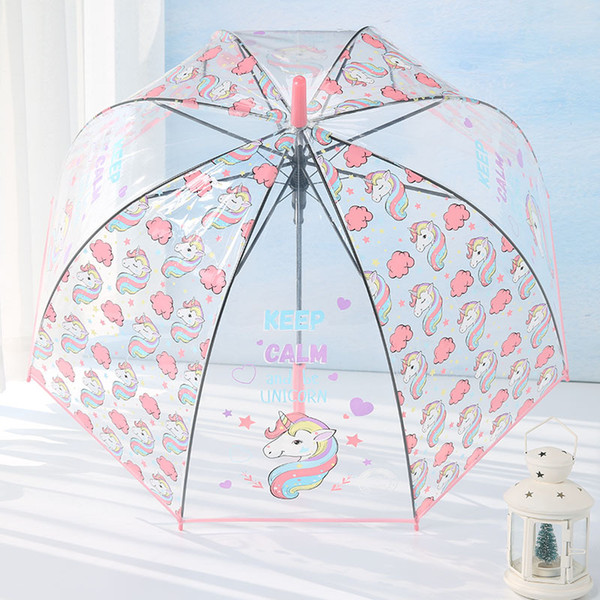 Unicorn Umbrella Cute Children Long Handle Transparent Umbrella Cartoon Auto Open Close Folding Waterproof Kids Travel Umbrellas