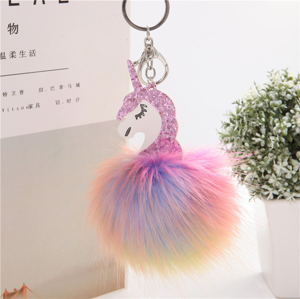 Vieeoease Pegasus Unicorn Keychains Cute Fur Ball Key Chain Kids Bags Accessories 2018 Fashion Animal Kids Gift EE-774