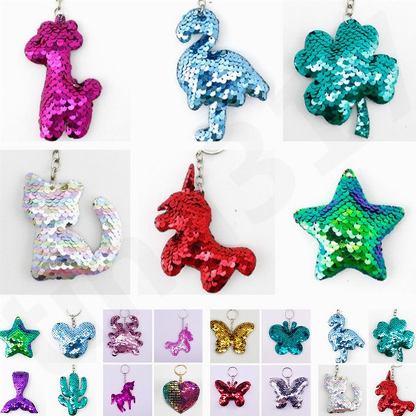 New Style Flipping Sequins Keychain Cartoon Key Ring Women Bag Pendant Accessories Animal Key Chains Children Gift 17 Styles T7C083