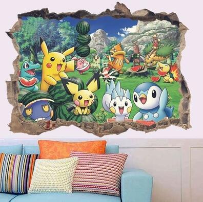 3D Pikachu Wall Cartoon Broken Wall Stickers For Kids Rooms Decals Mural Nursery Room Decor Poster Gift (PVC compounds)