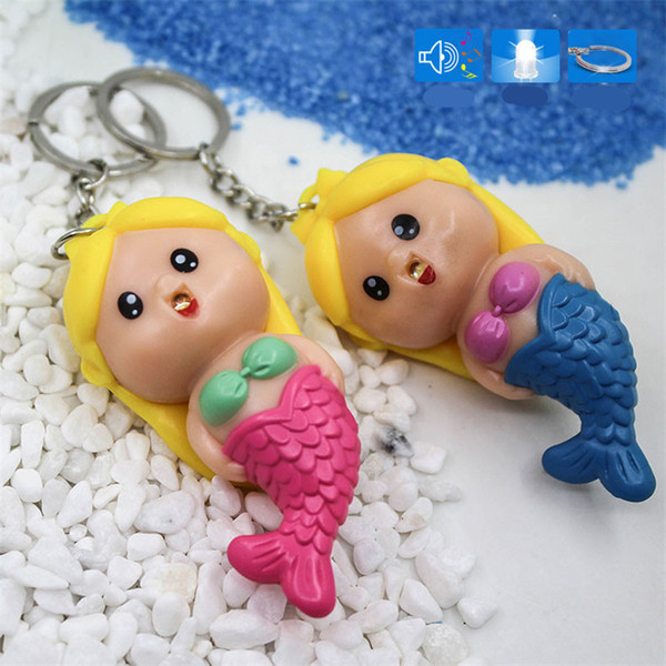 LED Mermaid Doll Lighted Up Keychain Vocal Keyring Charm Pendant Students Bag Car key Accessories Luminous Sounding Key Ring Gifts