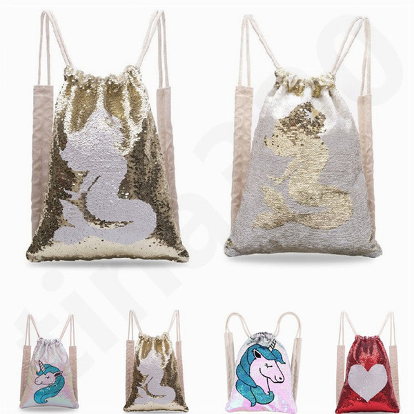 New Style Mermaid Sequins Backpack Sports Bag Two-sided Unicorn Drawstring Backpack Outdoor Shoulder Bag Bundle Pocket T7D068