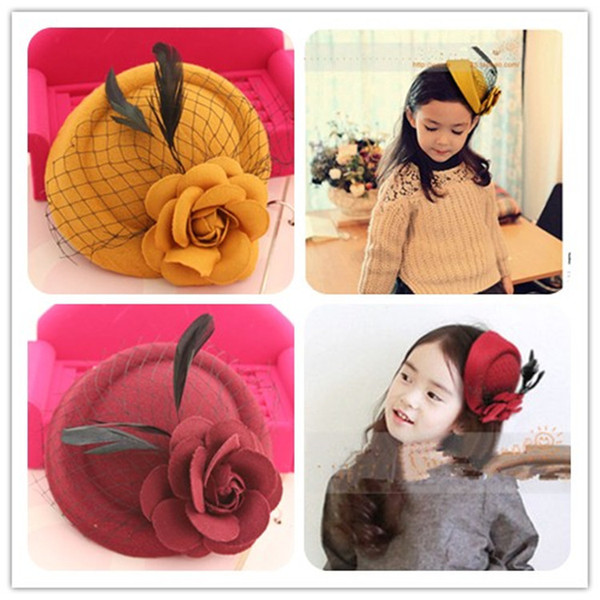 Woolen rose feather Girl hairpin kids headwear Spring Autumn Hair Bows beret Childrens clamp Accessories cap for formal dress Lovekiss A10