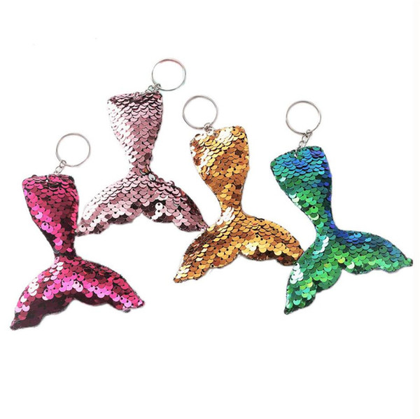 Mermaid Sequins Key Ring Unicorn Keychain Glitter Pompom Key Chain Cute Animal Keyrings For Women Car Bag Pendant Charms Party Gifts A5701