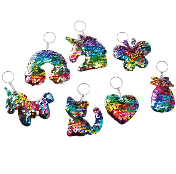 Ins Mermaid Sequins Key Ring Unicorn Keychain Glitter Pompom Key Chain Animal Keyrings For Women Car Bag Pendant Charms Party Gifts