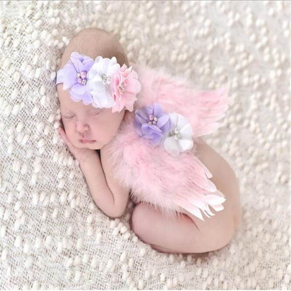 Angel Wings Feather Wings Baby Girl Flower Pearl Headband Photo Shoot Hair Accessories For Newborn Photography Props 4 Colors