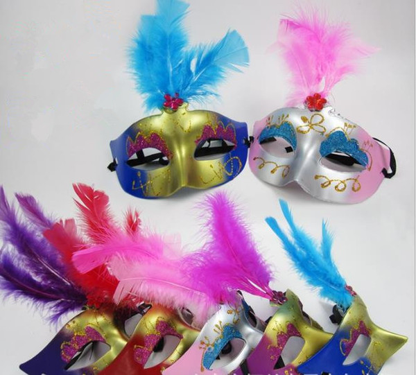 25pcs Venetian Half face Feather mask Masquerade Party on stick Mask Sexy Halloween christmas dance wedding Party Mask supplies B578