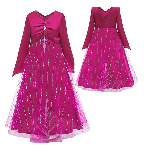Girls Snow Queen Dresses Shinning Snowflake Printed Diamonds Embossed Mesh Lace Collar Fuchsia Pajama Dress Cosplay Party Costume 3-9T 06