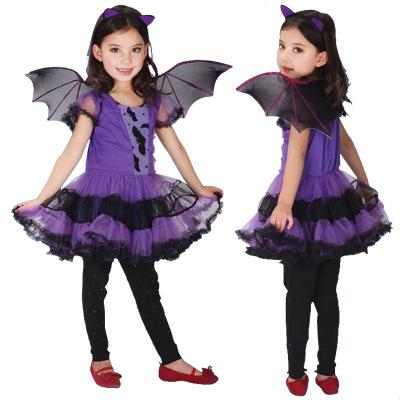 Hot Fancy Masquerade Party Bat Cosplay Dress Witch Clothing Halloween Costume for Kids Girls with Wings Headband Girl Dresses B1