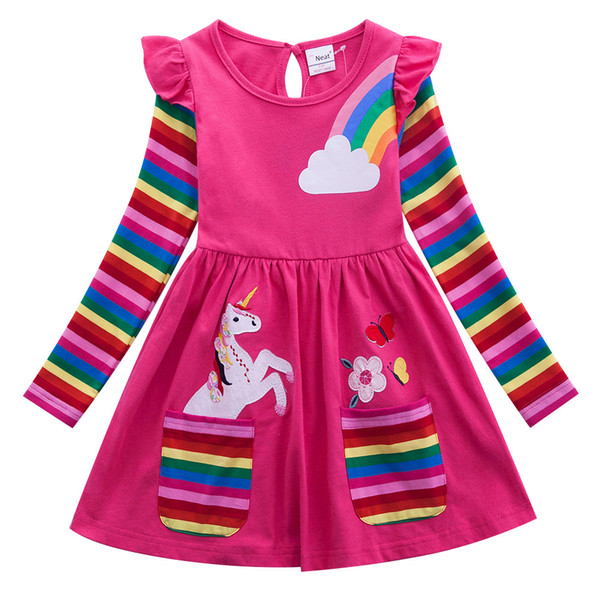 Girl Long Sleeve Dress Unicorn Printed Rainbow Striped Cotton Princess Dress Baby Girl Cartoon Costume Children Clothes Kids Clothing