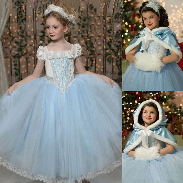 Baby Girl Tutu Lace Ruffled Frozen Dress With Hoodie Cape Poncho Fleece and Lace Princess Puff Shoulder Christmas Party Dresses Baby Clothes