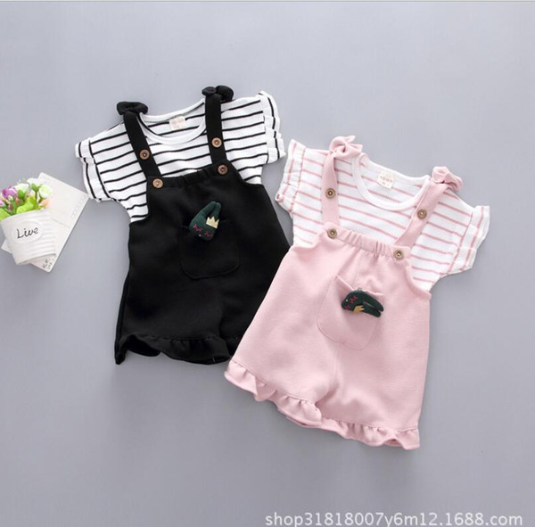 Girls summer dress infant two-piece female baby ins round neck short-sleeved summer strap pants suit Korean manufacturers wholesale