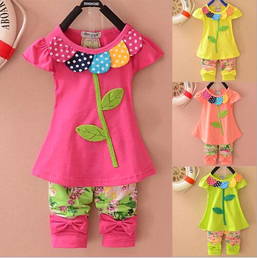 New Fashion 2014 Frozen Girls Clothing Sets Beautiful Clover Floral children Clothing Set Short Sleeves baby Kids sets Clothes