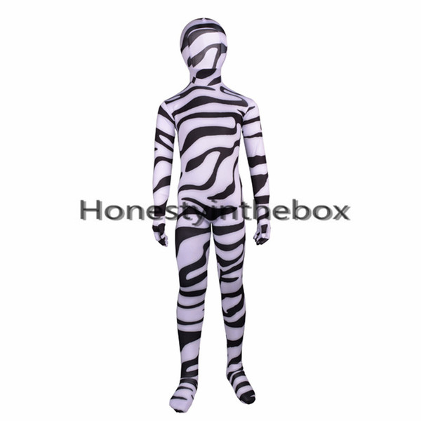 Hot Sale 2017 Black and White Striped Zebra Pattern Lycra Spandex Full Body Zentai Suit Costume For Children