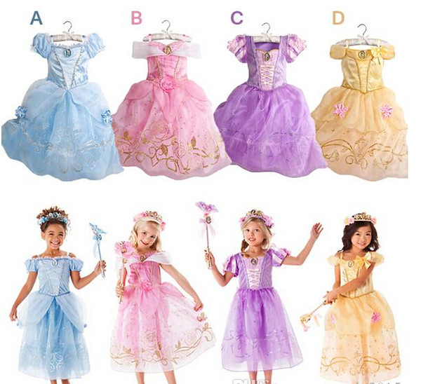 wholesale2016 New Girls Cinderella Dresses Children Snow White Princess Dresses Rapunzel Aurora Kids Party Costume Clothes Free Shipping