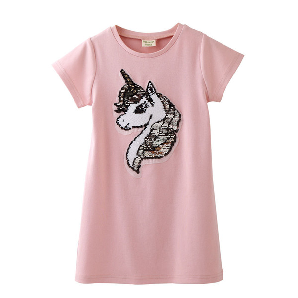 Girls summer short-sleeved cotton dresses Cartoon Unicorn Print Sequined Princess Dress Pink casual A line dress children costumes kids