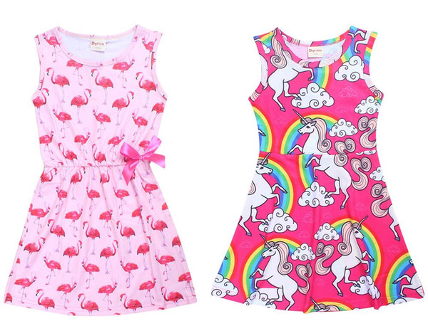 New Girl Dress Summer Flamingo Unicorn Dress Girl Sleeve-less Dresses For 4~10 Y Baby Girls 8 p/l