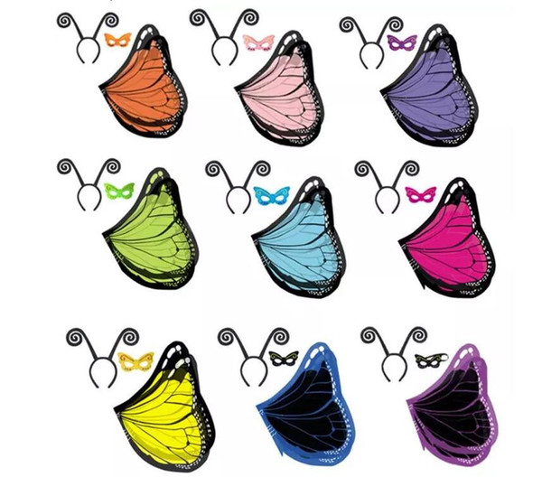 Fabric Wings Monarch Butterfly Cape with Mask and headband 3 pcs set for Kids Christmas Halloween Cosplay Prop Costume