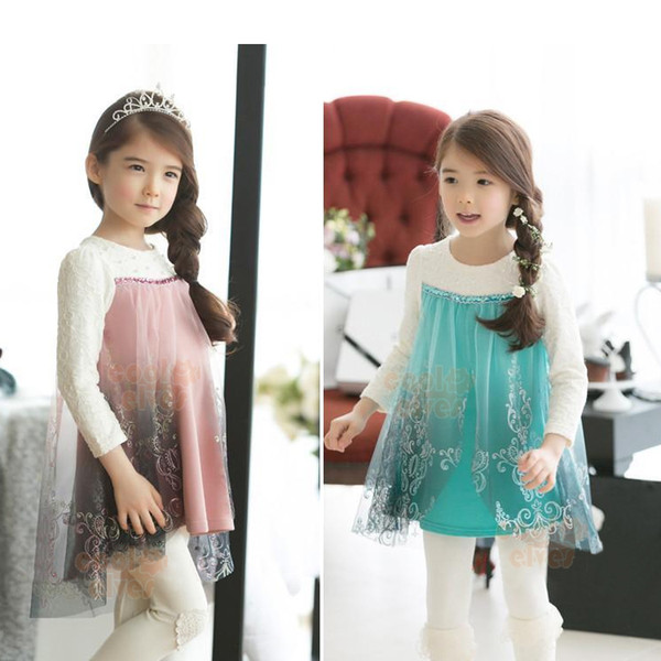 Retail Baby Girls Frozen Blue Pink Lace Chiffon T-Shirt+White Pants 2Pcs Set Children Ladies Irregular Cloak Suits Kid's Outfits Clothing