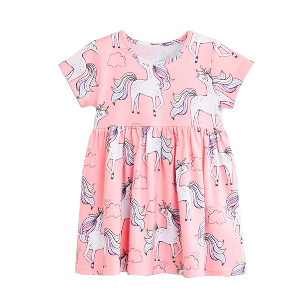 Girl summer Short sleeve cartoon dress Unicorn Print Pink Party Princess Tutu Dress children costumes kids clothing baby girls cotton dresse