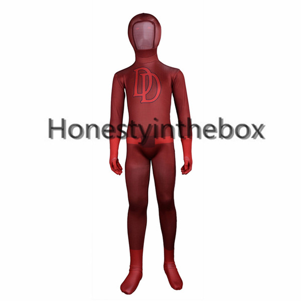 Brand New Children Red Lycra Spandex Double D Printed Superman Daredevil Costume Kids Lycra Spandex Superhero Zentai Full Body Suit