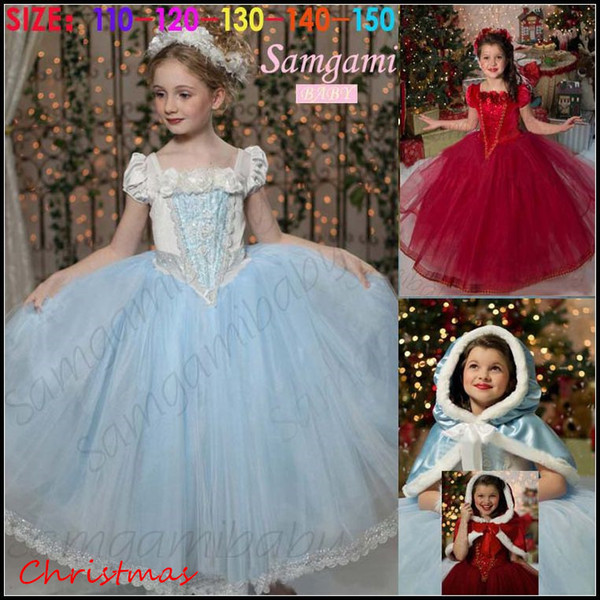 Samgami Baby girls Christmas princess party dresses Kids girl frozen cosplay flower lace dress decor beadings with fur collar capes Sa0017#