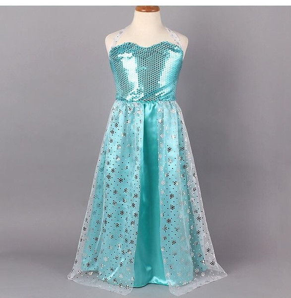 Retail Children Sleeveless Sequined Halter Blue Dress Baby Girls Frozen Snowflake Princess Dress Kids Wedding Party Clothing