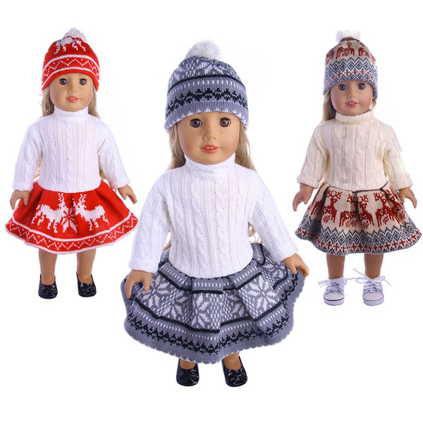 HOT Christmas18inch American Doll Clothes Christmas deer Doll Cloth Sweater Dress + Hat knitting lovely Doll set