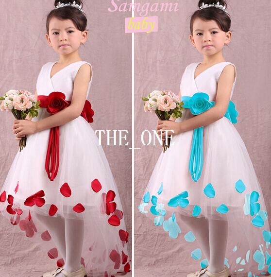 girl flower dress ball gown frozen dress flowers kids lace Flower petal dress front long back short baby formal dresses for wedding in stock