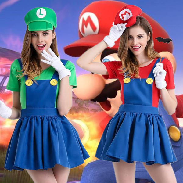 Wholesale DHL 4 Size M-XXL New Super Mario Bros Cosplay Mario And Luigi Uniform Clothing Skirt For Girls Party Best Gifts