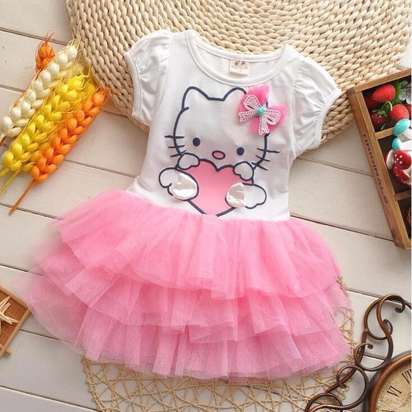 baby girls hello kitty print tutu dresses Summer short-sleeved cotton cartoon mesh princess dress children's costumes kids clothing