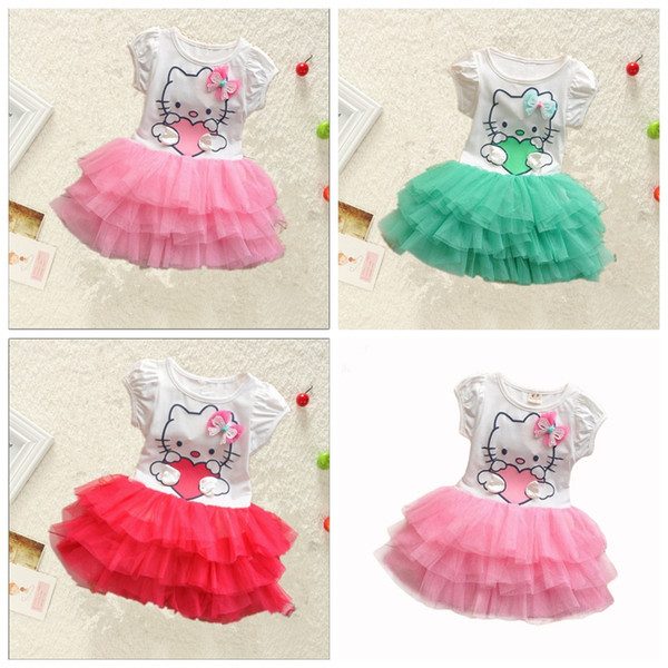 Cute Baby Girls Hello Kitty Dress Kids Summer Short Sleeves Tutu Princess Dresses Baby Clothes Lace Crepe Skirt Free Shipping