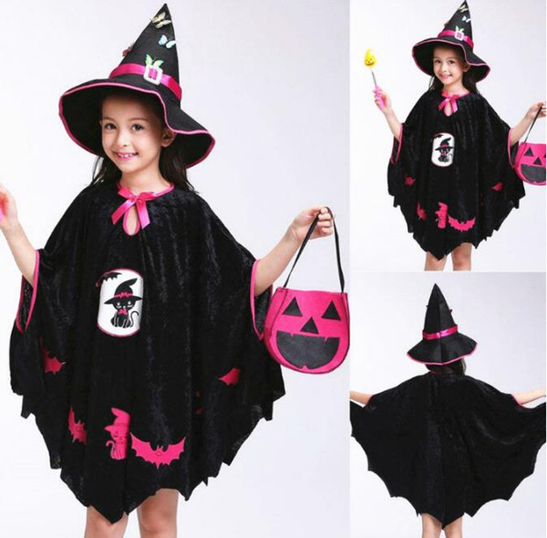 NEW HOT Fashion Kids Baby Girls Halloween Costume Dress Party Cloak+Hat Outfit+Pumpkin Bag Freeshipping