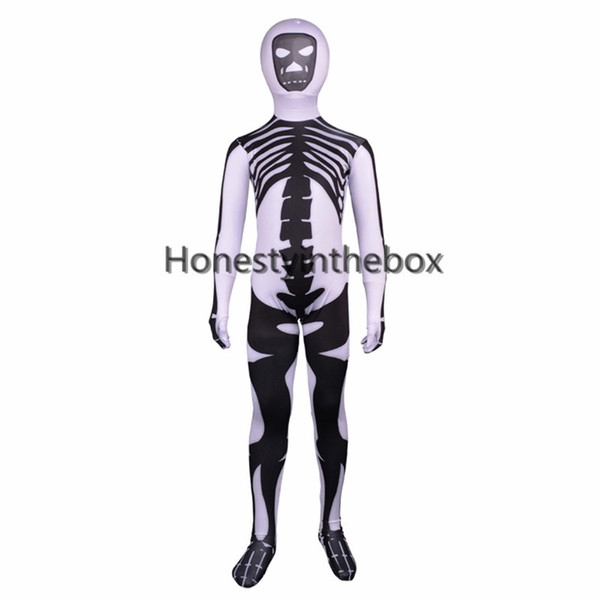 Brand New Black and White Skull Printed Pattern Lycra Spandex Bodysuit Kids Superhero Skull Cosplay Costume For Halloween