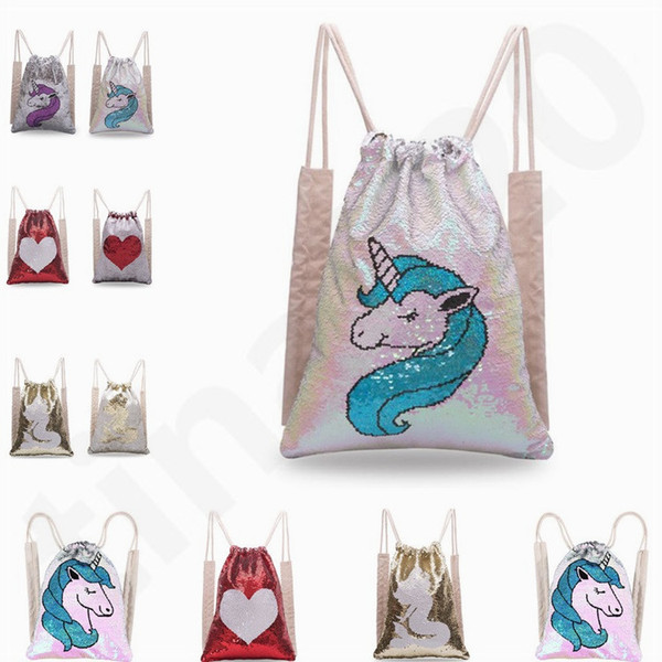 New Style Mermaid Sequins Backpack Sports Bag Two-sided Unicorn Drawstring Backpack Outdoor Shoulder Bag Bundle Pocket T7D068