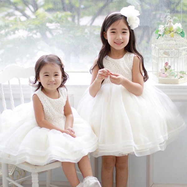 Children boutique lace dress sleeveless baby girl lace dresses princess girl's bubble skirt kids white color party clothes wedding dress